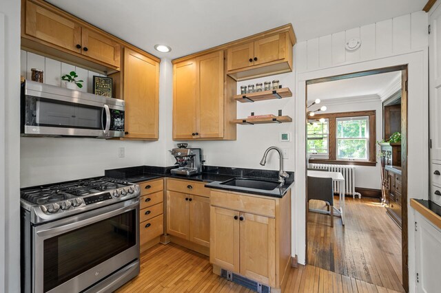 3841 Columbus Ave, Minneapolis, MN 55407 - kitchen featuring appliances with stainless steel finishes, open shelves, radiator, light wood-style flooring, and dark stone countertops