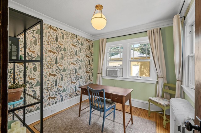 3841 Columbus Ave, Minneapolis, MN 55407 - office with ornamental molding, wood finished floors, radiator, and cooling unit