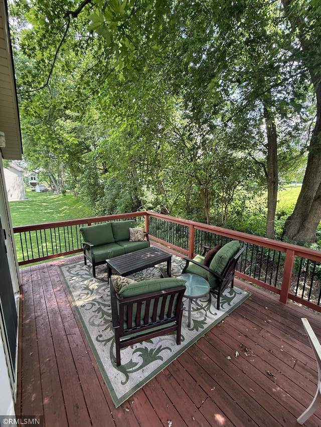 2052 Wilhelm Ct, Shakopee, MN 55379 - wooden deck with an outdoor hangout area and a lawn