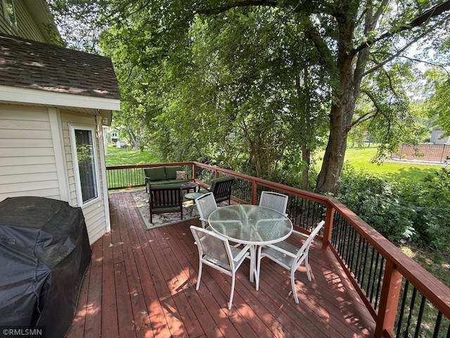 2052 Wilhelm Ct, Shakopee, MN 55379 - wooden terrace featuring an outdoor living space, a grill, and outdoor dining space