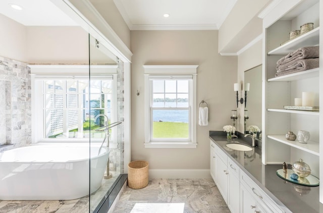 1105 Ferndale Rd W, Orono, MN 55391 - bathroom with marble look tiles, a freestanding bath, vanity, ornamental molding, and a water view
