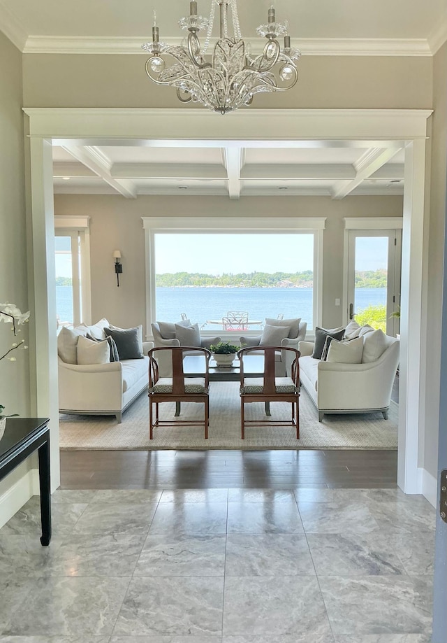 1105 Ferndale Rd W, Orono, MN 55391 - living room with coffered ceiling, a chandelier, plenty of natural light, beam ceiling, and crown molding