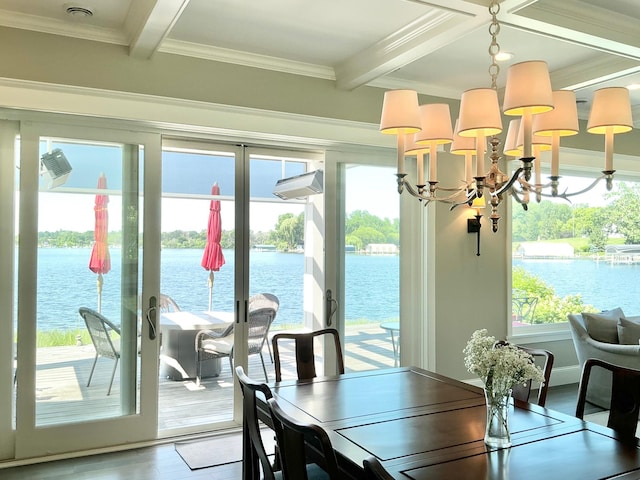 1105 Ferndale Rd W, Orono, MN 55391 - dining space featuring beamed ceiling, a chandelier, plenty of natural light, ornamental molding, and a water view