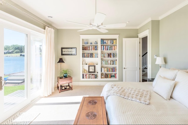 1105 Ferndale Rd W, Orono, MN 55391 - bedroom featuring access to exterior, crown molding, carpet floors, and a ceiling fan