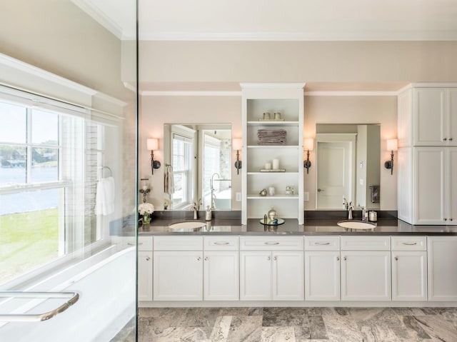 1105 Ferndale Rd W, Orono, MN 55391 - full bath with ornamental molding, double vanity, and plenty of natural light