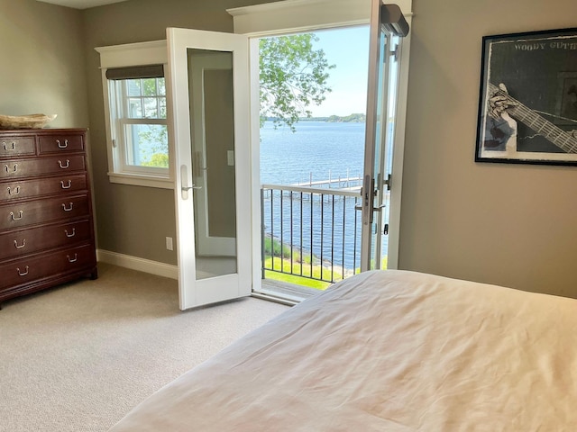 1105 Ferndale Rd W, Orono, MN 55391 - bedroom featuring access to outside, a water view, multiple windows, and light colored carpet