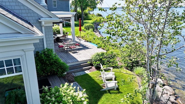 1105 Ferndale Rd W, Orono, MN 55391 - wooden terrace featuring a lawn and a water view