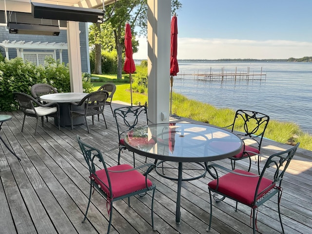 1105 Ferndale Rd W, Orono, MN 55391 - wooden terrace with outdoor dining area, a pergola, and a water view