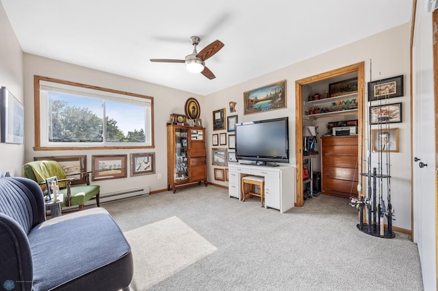 2636 18th St S Unit 8, Fargo, ND 58103 - living area with light carpet, a ceiling fan, and a baseboard radiator