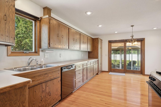 8300 Sheridan Ave S, Bloomington, MN 55431 - kitchen featuring stainless steel dishwasher, stove, light wood-style floors, light countertops, and recessed lighting