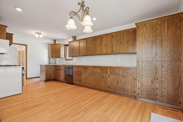 8300 Sheridan Ave S, Bloomington, MN 55431 - kitchen with dishwasher, range, brown cabinetry, light wood-type flooring, and recessed lighting