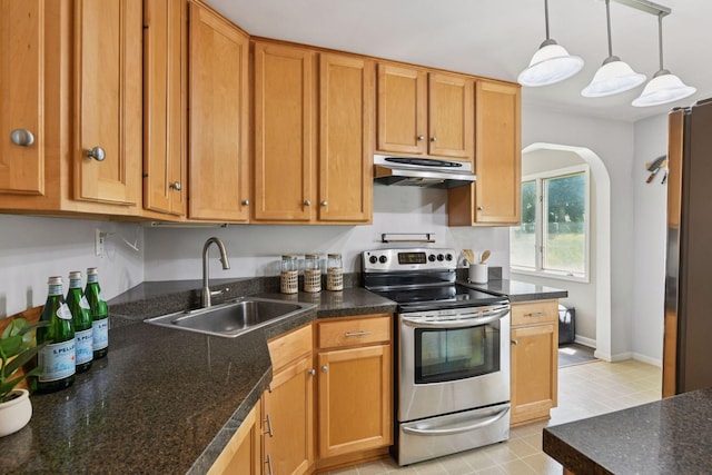 5917 Oliver Ave S, Minneapolis, MN 55419 - kitchen featuring stainless steel range with electric cooktop, under cabinet range hood, dark countertops, hanging light fixtures, and arched walkways