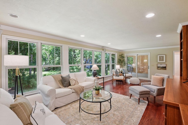 3918 Willmatt Hl, Minnetonka, MN 55305 - living room featuring wood finished floors, plenty of natural light, ornamental molding, and recessed lighting