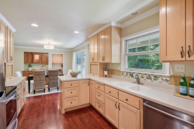 3918 Willmatt Hl, Minnetonka, MN 55305 - kitchen featuring appliances with stainless steel finishes, light brown cabinetry, a peninsula, ornamental molding, and light countertops