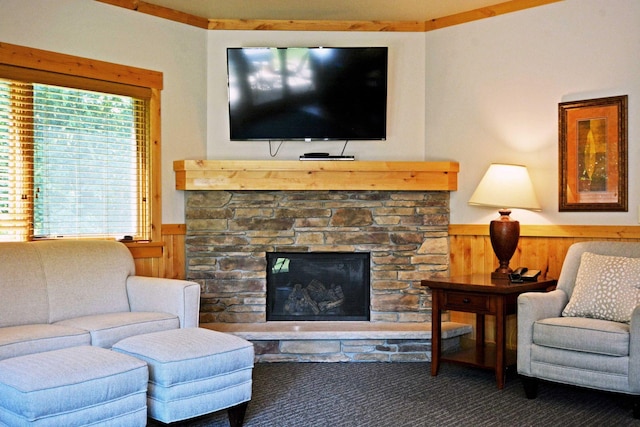 24909 Sandy Ln, Bay Lake Twp, MN 56444 - carpeted living room featuring wainscoting, a fireplace, and wooden walls