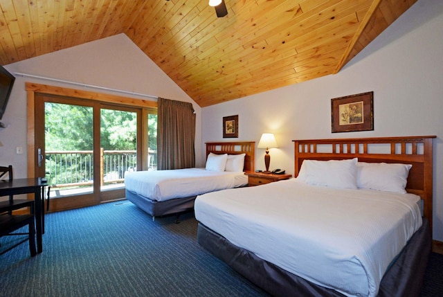 24909 Sandy Ln, Bay Lake Twp, MN 56444 - carpeted bedroom featuring access to exterior, lofted ceiling, and wooden ceiling