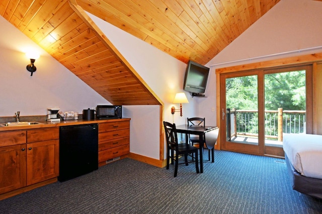 24909 Sandy Ln, Bay Lake Twp, MN 56444 - interior space with vaulted ceiling, dark colored carpet, and wooden ceiling