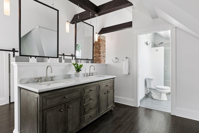 1088 Lincoln Ave, Saint Paul, MN 55105 - full bath with wood finished floors, double vanity, a shower, and lofted ceiling