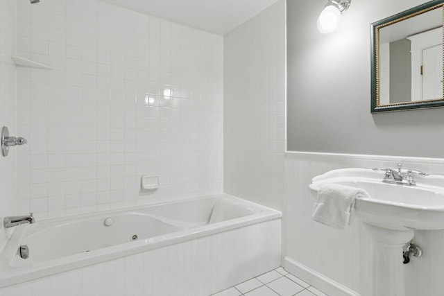 1088 Lincoln Ave, Saint Paul, MN 55105 - bathroom featuring tile patterned floors, wainscoting, and a combined bath / shower with jetted tub