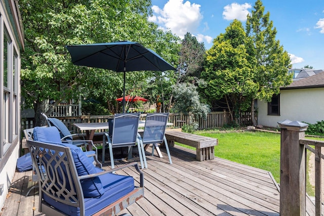 1088 Lincoln Ave, Saint Paul, MN 55105 - wooden deck with outdoor dining space and a fenced backyard