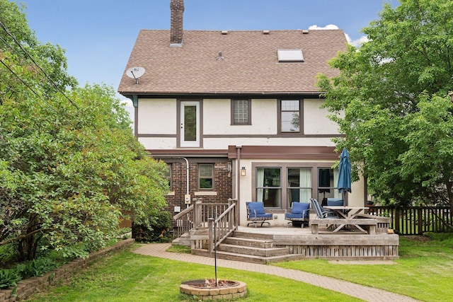 1088 Lincoln Ave, Saint Paul, MN 55105 - back of property with stucco siding, a chimney, roof with shingles, and a wooden deck