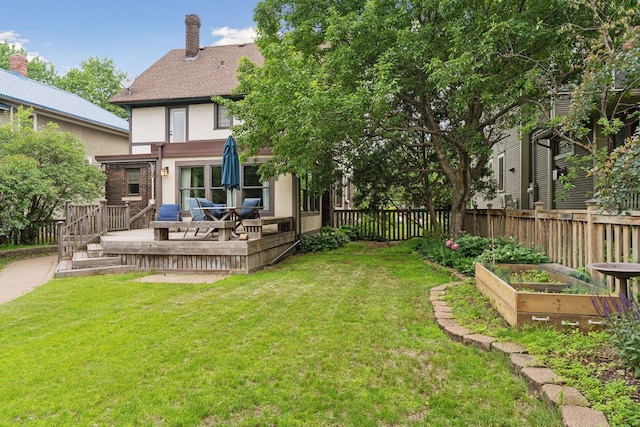 1088 Lincoln Ave, Saint Paul, MN 55105 - fenced yard with a vegetable garden and a wooden deck