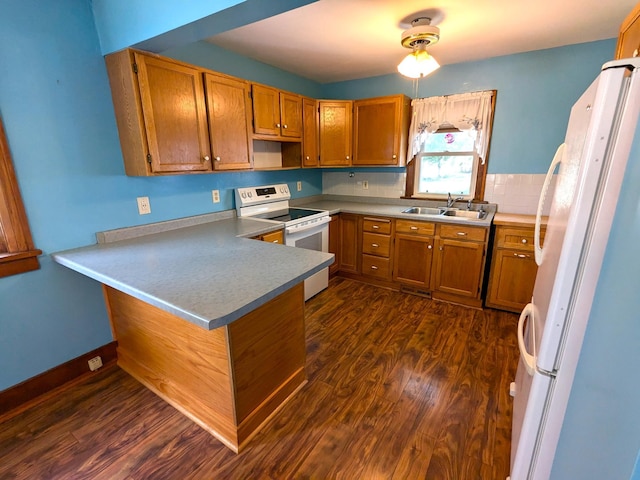 521 Chestnut St, Winona, MN 55987 - kitchen with white appliances, a peninsula, dark wood-style flooring, and brown cabinetry