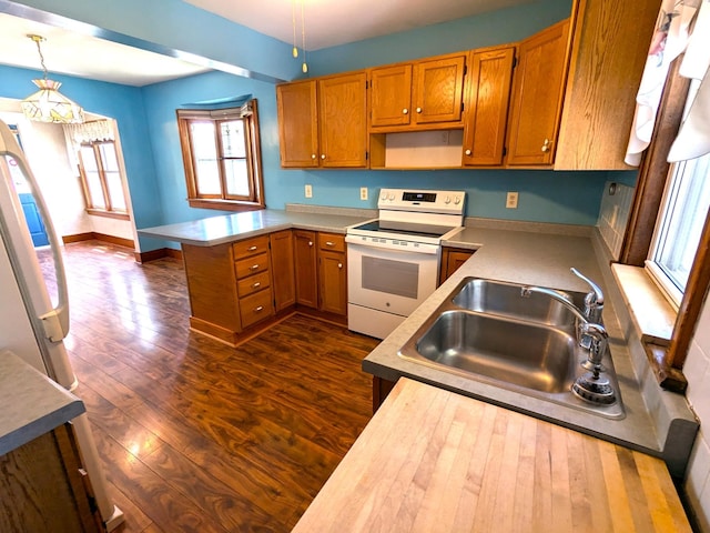 521 Chestnut St, Winona, MN 55987 - kitchen featuring white electric stove, a peninsula, dark wood-style floors, and light countertops
