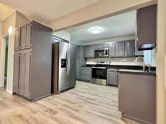 1414 Danube Rd, Fridley, MN 55432 - kitchen with appliances with stainless steel finishes, dark countertops, light wood finished floors, a textured ceiling, and tasteful backsplash