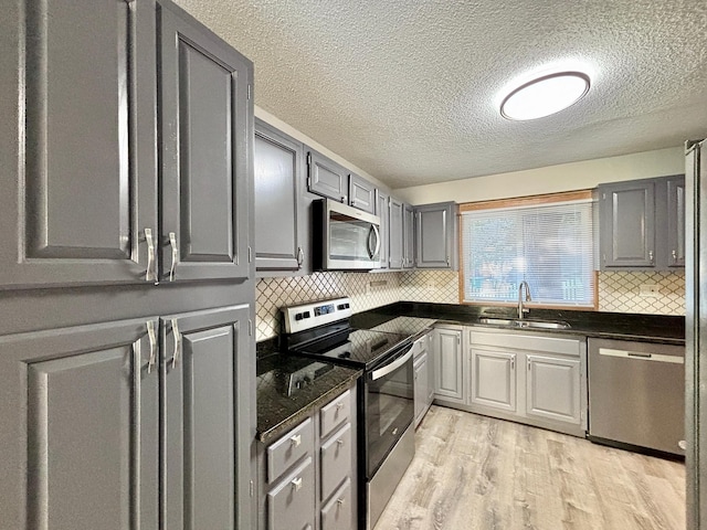 1414 Danube Rd, Fridley, MN 55432 - kitchen featuring appliances with stainless steel finishes, gray cabinetry, light wood-type flooring, backsplash, and a textured ceiling