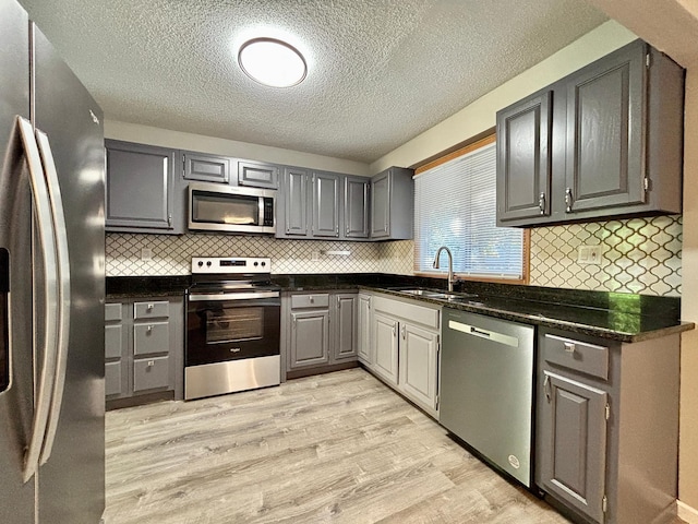 1414 Danube Rd, Fridley, MN 55432 - kitchen featuring stainless steel appliances, a textured ceiling, light wood-type flooring, backsplash, and gray cabinetry