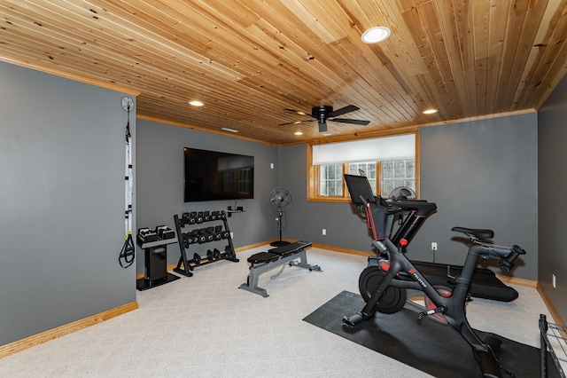 2944 Mayowood Common Cir SW, Rochester, MN 55902 - workout room featuring wooden ceiling, recessed lighting, a ceiling fan, and carpet floors