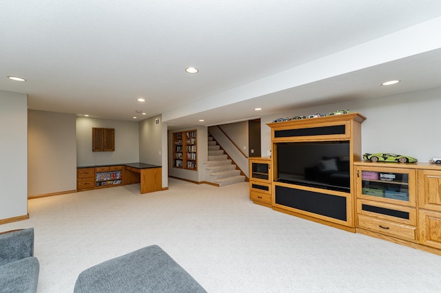 2944 Mayowood Common Cir SW, Rochester, MN 55902 - living room featuring recessed lighting, light carpet, and stairs