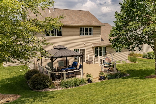 2944 Mayowood Common Cir SW, Rochester, MN 55902 - rear view of house with a gazebo, a lawn, a wooden deck, a shingled roof, and an outdoor hangout area