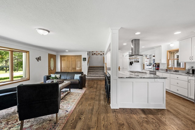 1281 Minnehaha Pkwy, Minneapolis, MN 55419 - kitchen featuring island range hood, open floor plan, white cabinets, dark wood-style floors, and light stone countertops