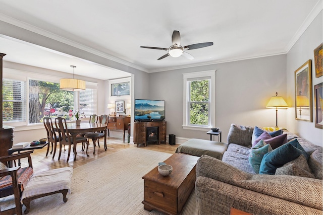 4356 Nokomis Ave, Minneapolis, MN 55406 - living room with a ceiling fan, light wood finished floors, and crown molding