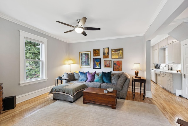 4356 Nokomis Ave, Minneapolis, MN 55406 - living room with light wood finished floors, ceiling fan, and ornamental molding