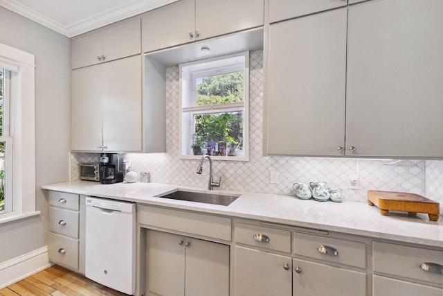 4356 Nokomis Ave, Minneapolis, MN 55406 - kitchen featuring dishwasher, backsplash, light wood-style flooring, ornamental molding, and gray cabinetry