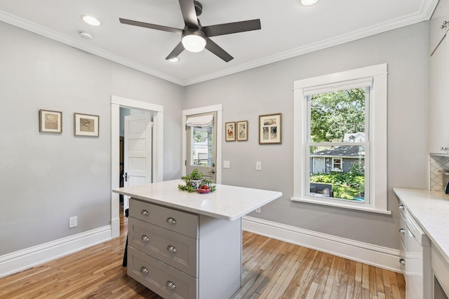 4356 Nokomis Ave, Minneapolis, MN 55406 - kitchen with healthy amount of natural light, light wood-type flooring, ceiling fan, ornamental molding, and recessed lighting