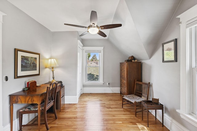 4356 Nokomis Ave, Minneapolis, MN 55406 - living area featuring light wood-style floors, a ceiling fan, and vaulted ceiling
