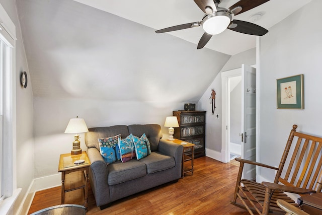 4356 Nokomis Ave, Minneapolis, MN 55406 - living room featuring lofted ceiling, ceiling fan, and wood finished floors