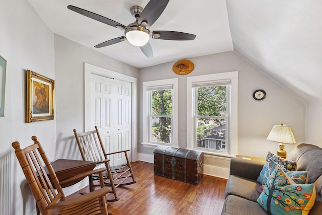 4356 Nokomis Ave, Minneapolis, MN 55406 - sitting room with dark wood finished floors, lofted ceiling, and a ceiling fan