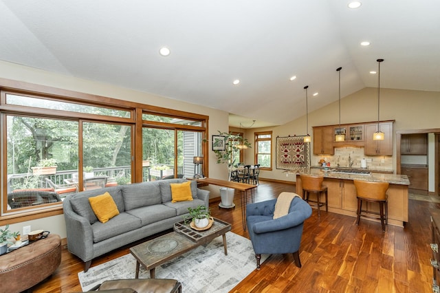 4089 Stone Point Dr NE, Rochester, MN 55906 - living room with dark wood finished floors, high vaulted ceiling, and recessed lighting