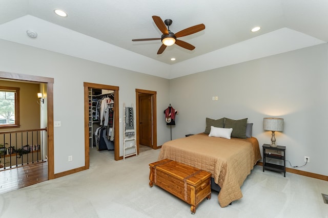 4089 Stone Point Dr NE, Rochester, MN 55906 - bedroom with light colored carpet, recessed lighting, lofted ceiling, ceiling fan, and a spacious closet