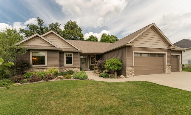 4089 Stone Point Dr NE, Rochester, MN 55906 - craftsman inspired home with stone siding, a garage, driveway, a front yard, and a shingled roof
