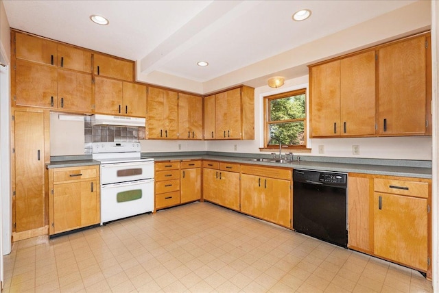 2694 State Road 64, Forest Twp, WI 54013 - kitchen featuring black dishwasher, range with two ovens, under cabinet range hood, recessed lighting, and beamed ceiling