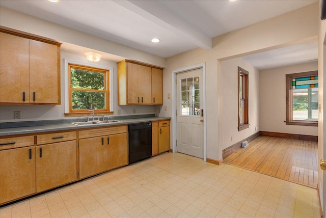 2694 State Road 64, Forest Twp, WI 54013 - kitchen featuring black dishwasher, recessed lighting, beam ceiling, and dark countertops