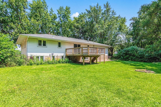 8210 Red Oak Dr, Mounds View, MN 55112 - rear view of house featuring a wooden deck, a lawn, and stairway