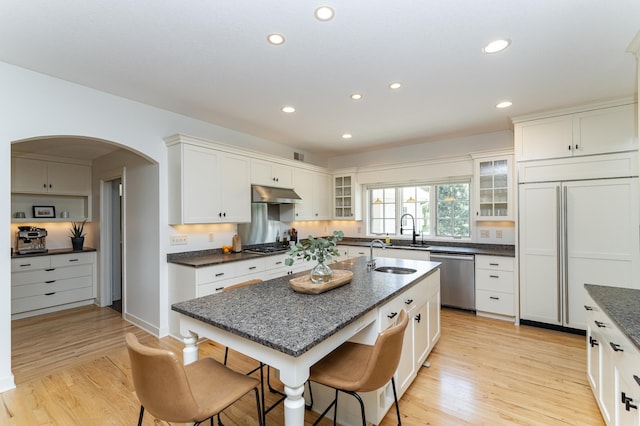 290 Wimbledon Hills Dr SW, Rochester, MN 55902 - kitchen with dishwasher, under cabinet range hood, recessed lighting, a kitchen island with sink, and light wood-style floors