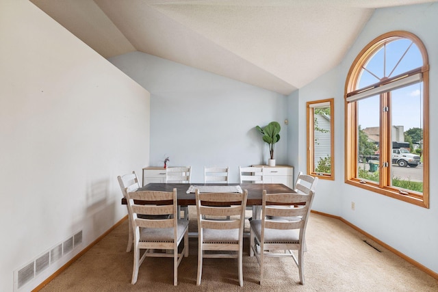 9055 Regent Pkwy, Brooklyn Park, MN 55443 - dining area featuring vaulted ceiling and light colored carpet